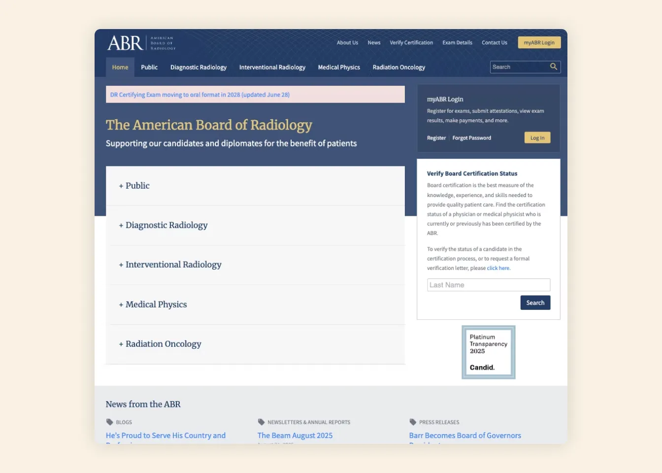 Non user-friendly navigation on the home page of the old A-B-R site.