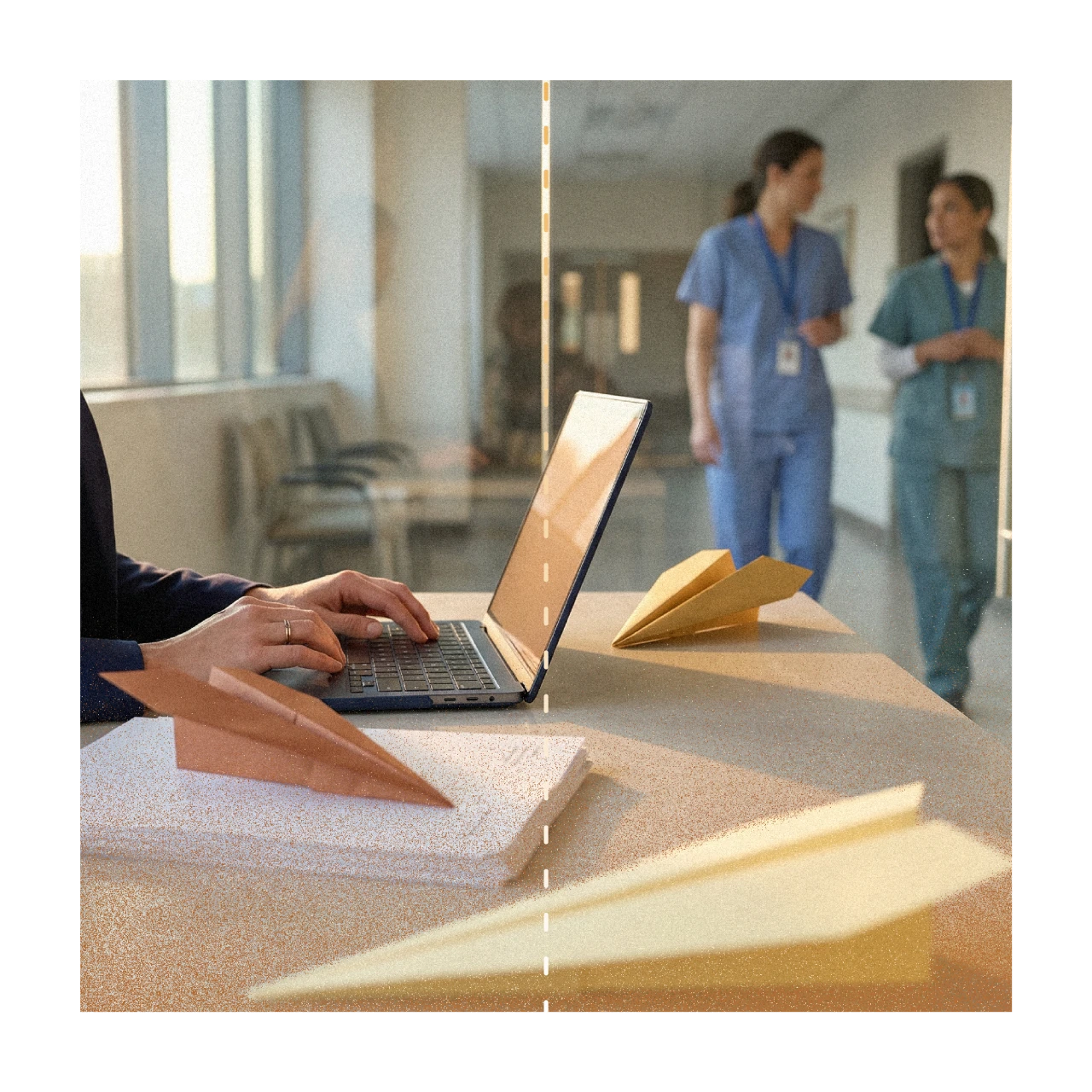An Avion writer takes notes on her laptop as two nurses walk past.