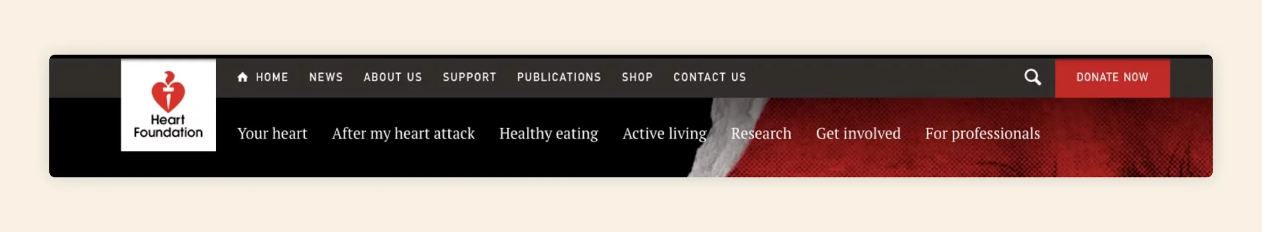 Cluttered navigation menu of the old Heart Foundation website.