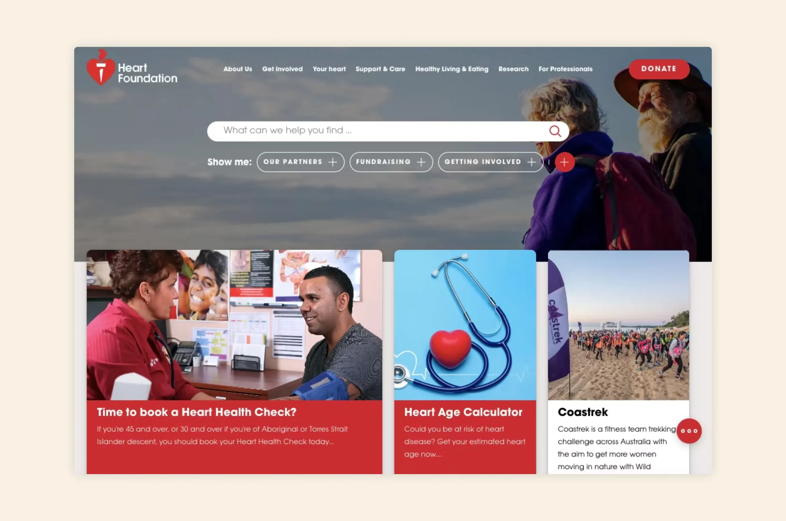 New Heart Foundation home page with improved key messaging and people shots.