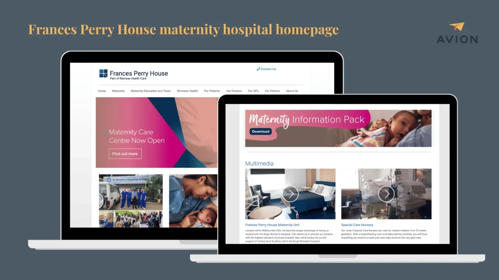 Frances Perry House maternity hospital homepage, showing a maternity information pack banner and facility photos.