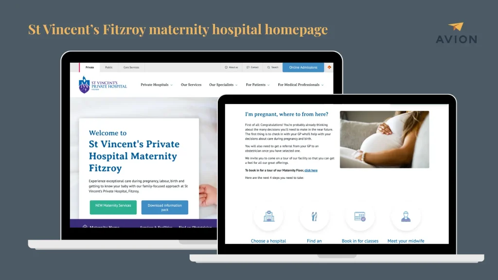 St Vincent's Private Hospital maternity homepage, showing a special care nursery feature and a downloadable patient booklet.