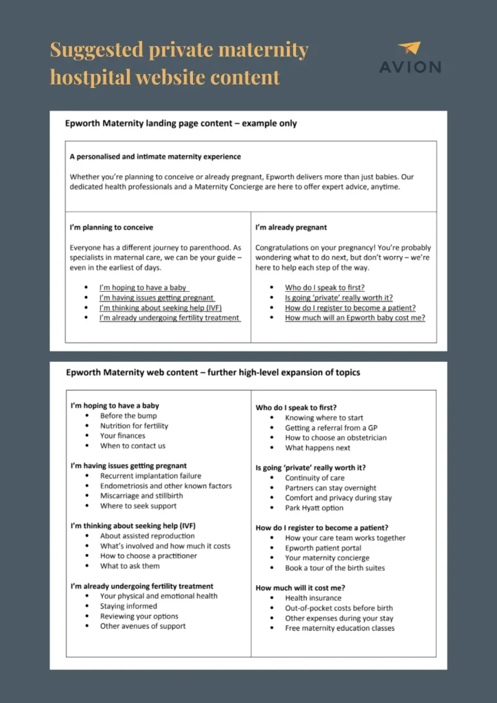 Suggested Epworth maternity homepage restructure, organising content by patient circumstance — hoping to conceive, having issues getting pregnant, undergoing fertility treatment, or already pregnant.