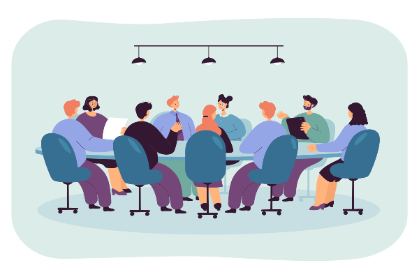 Illustration of a group of people discussing around a meeting table.